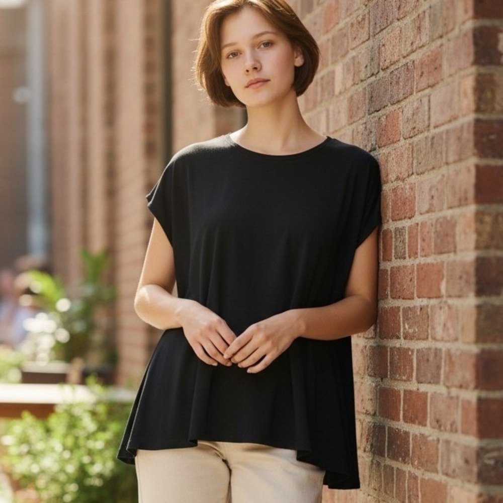 Eileen Fisher Top Women XXS Black Silk Crepe Boxy‎ Short Sleeve Boat Neck